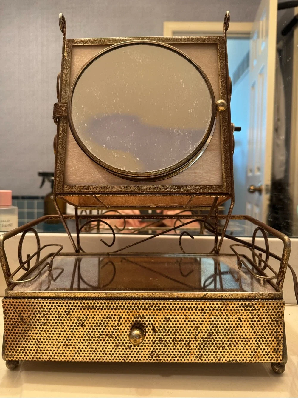 Vintage Gold Vanity Mirror and Jewelry Tray